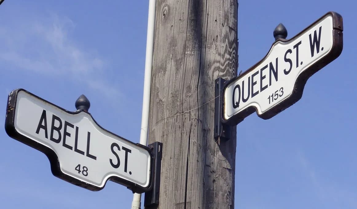Queen West and Abell Street signs near Barberhood Toronto